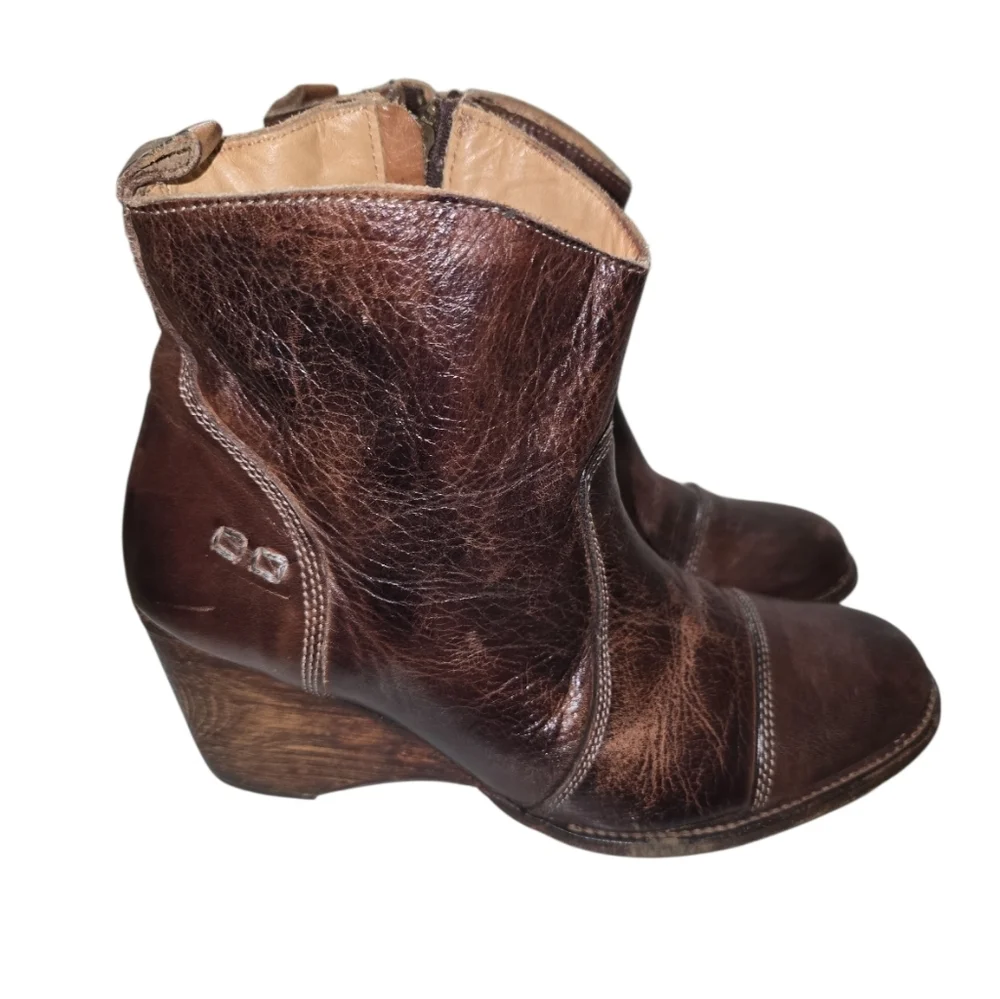 Bed Stu Gentry Brown Handmade Leather Distressed Wedge Ankle Boots 10 Cobbler
